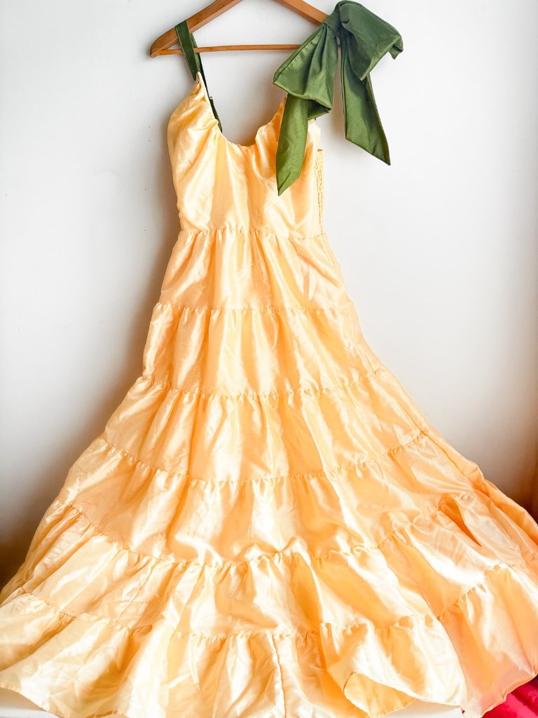 Hutch Anthropologie Scoop-Neck Tiered Maxi Dress Buttery Yellow W Green Bow M — image 5 of 7